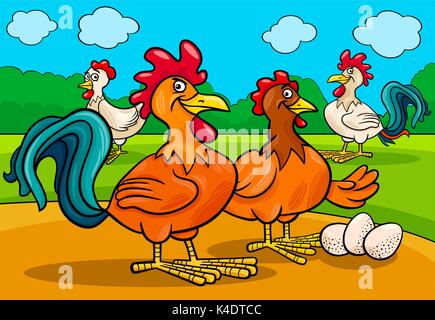 Cartoon illustrazione del pollo divertenti di animali da azienda Gruppo di caratteri Illustrazione Vettoriale