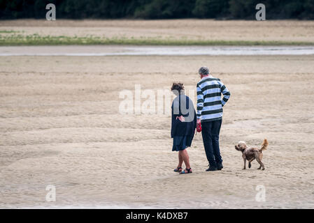 Gannel estuary - un giovane a piedi il loro cane su esposto il letto del fiume del fiume gannel in Newquay, Cornwall. Foto Stock