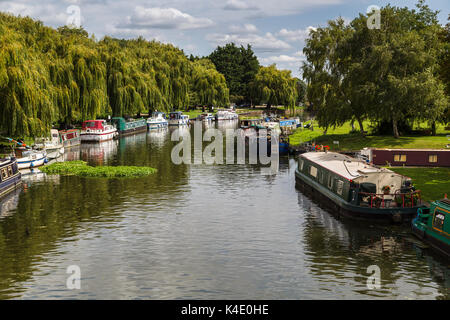 Barche di diversi tipi e dimensioni linea le sponde del Fiume Great Ouse a Ely durante l'estate. Foto Stock