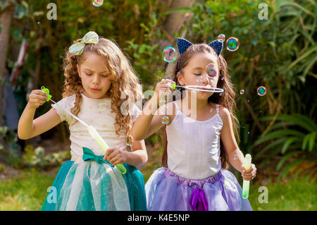 Due lieti bellissime bambine a giocare con le bolle di sapone su un estate natura, una ragazza che indossa un orecchie blu tiger accessori sopra la sua testa ed entrambe le ragazze che indossano una principessa abito in una sfocata sullo sfondo della natura Foto Stock