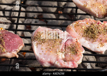 Condito costolette di maiale e bistecca di agnello per la cottura sul carbone di legna per barbecue grill. Foto Stock