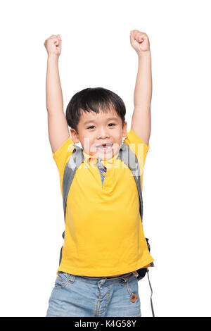 Giovane ragazzo asiatico sorriso gesto delle mani pronte a scuola Foto Stock