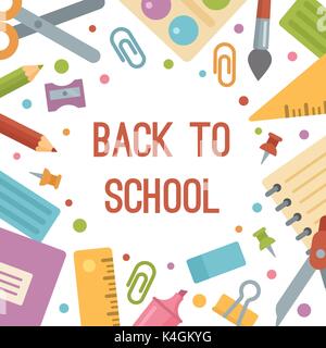 Si torna a scuola, cancelleria icone piana banner. Forbici, pennello copybook, notepad, perni, matite, righello, temperamatite, vernici, plastilina, mar Illustrazione Vettoriale