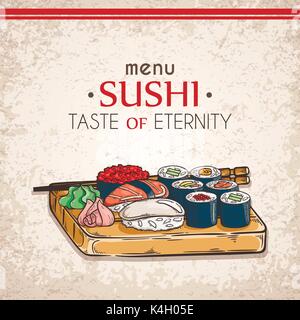 Doodle sushi e rotoli su legno. Tradizionale Giapponese piatti di cucina illustrazione. Scheda vettore per il ristorante asiatico menu. Illustrazione Vettoriale