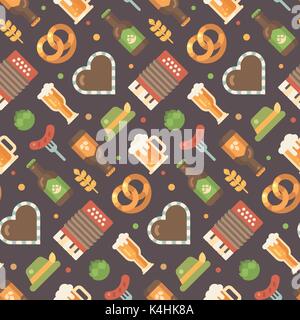 Oktoberfest icone piana pattern. Festa della Birra pattern su sfondo scuro. Cuore di panpepato, fisarmonica, insaccato su una forcella, boccale di birra, bottiglia di birra, hop, Illustrazione Vettoriale