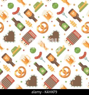 Oktoberfest icone piana pattern. Festa della Birra pattern su sfondo bianco. Cuore di panpepato, fisarmonica, insaccato su una forcella, boccale di birra, bottiglia di birra, hop Illustrazione Vettoriale