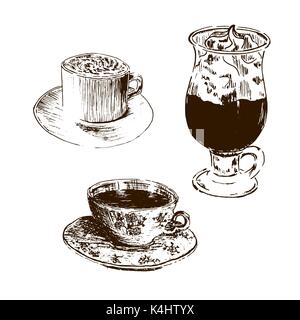 Accessori per caffè e tè. grafici disegnati a mano tazze di disegno vettoriale illustrazione. in vista laterale in stile retrò. Illustrazione Vettoriale