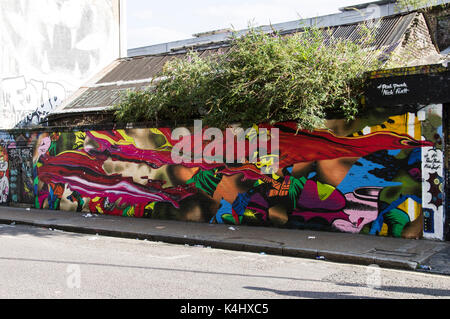 Vivid vivacemente colorato street murale su sclater street vicino a Brick Lane, London, Regno Unito in un contesto urbano Foto Stock