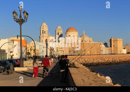 Chiesa cattedrale edifici visto dal fronte mare, Cadiz, Spagna Foto Stock