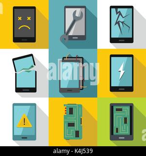 Telefoni rotti fissare il set di icone di stile di Piana Illustrazione Vettoriale