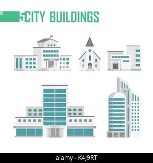 Cinque edifici della città set di icone - illustrazione di vettore isolato su sfondo bianco. Scuola, chiesa, vigili del fuoco, ospedale, grattacielo. Grigio e b Illustrazione Vettoriale