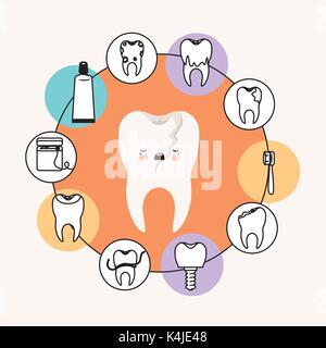 Kawaii caricatura dente rotto per la cura dentale con espressione di pianto con cornice circolare icone cura dentale su sfondo bianco Illustrazione Vettoriale