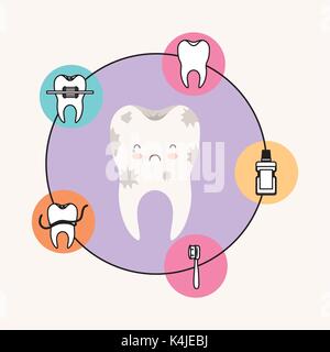 Kawaii caricatura sporco dente cura dentale con una triste e pianto espressione con cornice circolare icone cura dentale su sfondo bianco Illustrazione Vettoriale