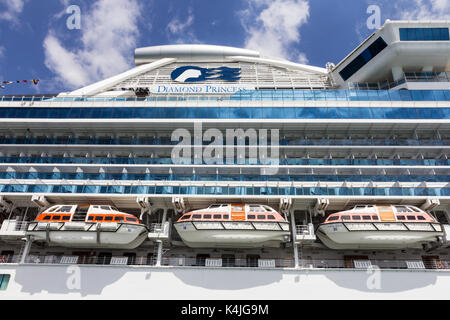 Le imbarcazioni di salvataggio sulla nave da crociera Diamond Princess ormeggiata nel porto di Sydney, NSW, Nuovo Galles del Sud, Australia Foto Stock