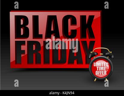Venerdì nero parete rossa su sfondo nero. Vector orologio sveglia con offerta a tempo limitato di testo. Banner per vacanze promozione di vendita. Illustrazione Vettoriale