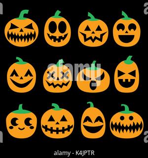 Vettore di zucca set di icone, Scary Halloween facce set design, decorazione horror Illustrazione Vettoriale