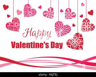 Buon San Valentino. Appesi cuori con un pattern. Biglietto di auguri. Illustrazione Vettoriale Illustrazione Vettoriale