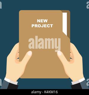 Mano che tiene la cartella cartella di documenti nelle mani di un imprenditore. Documento in mano. illustrazione vettoriale design piatto stile. Illustrazione Vettoriale
