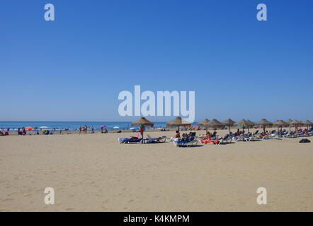 Linee di ombrelloni di paglia, Playa de Isla Canela sulla costa meridionale della Spagna Foto Stock