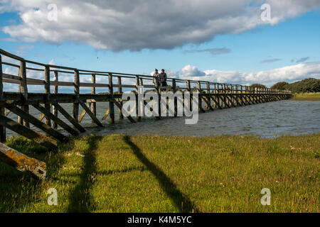 Coppia giovane camminando sulla passerella di legno su velme ad alta marea a a Aberlady Bay natura locale riserva, East Lothian, Scozia, Regno Unito Foto Stock