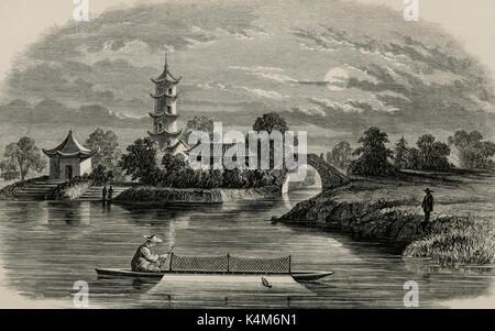 Curioso il metodo di pesca - Cina, circa 1850 Foto Stock