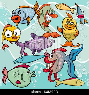 Cartoon illustrazioni di fumetto di pesce mare vita animale gruppo di caratteri Illustrazione Vettoriale