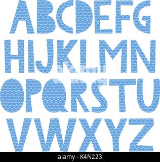 Carino e colorato infantile disegnati a mano alfabeto inglese, con texture del mare, per la progettazione di estate Illustrazione Vettoriale