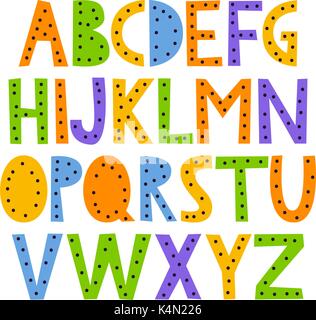 Carino e colorato infantile disegnati a mano alfabeto inglese, con punti. Adatta per i bambini il compleanno invito o altre divertenti design. Illustrazione Vettoriale