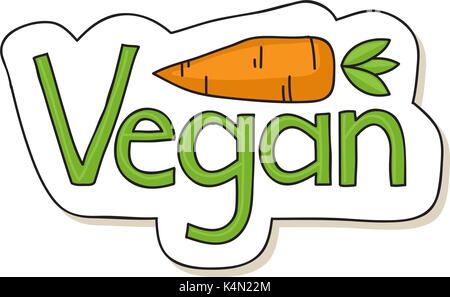 Carino disegnato a mano etichetta vegano con il cartoon carota Illustrazione Vettoriale