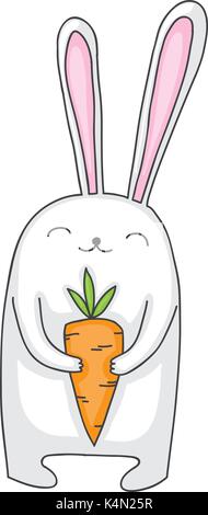 Carino e felice guardare cartoon bunny o coniglio tenendo una carota. Semplice disegno, adatto per i bambini. Illustrazione Vettoriale