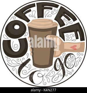 Scritte a mano del testo "caffè per andare' intorno a un cartone animato di una mano che tiene un bicchiere di carta. Illustrazione Vettoriale