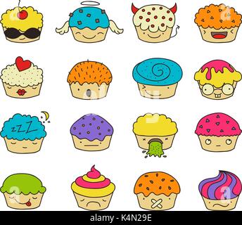 Carino e colorato stile kawaii muffin alla raccolta di emoticon che esprimono differenti emozioni e sentimenti. Illustrazione Vettoriale