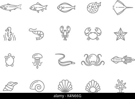 Set di vettore di pesce e frutti di mare le icone della linea. Gamberetti, ostrica, calamari, granchio, ell, fugu, aragosta, carpa, storione, meduse, polpo, tartaruga, stelle marine, corallo, vendere, cavallucci marini e di più. Corsa modificabile. Illustrazione Vettoriale