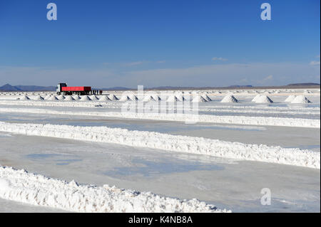 Un carrello vicino a una serie di coni di sale di Uyuni saline, Bolivia Foto Stock