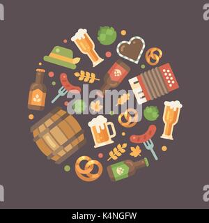 Oktoberfest icone piane disposte in un cerchio. Barile di birra, fisarmonica, mug, cuore di panpepato, vetro, pretzel, hop, cappello, bottiglia, frumento, Forcella con sausag Illustrazione Vettoriale