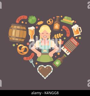 Oktoberfest flat icone disposte nel cuore intorno birra cameriera vestito. Barile di birra, fisarmonica, mug, cuore di panpepato, vetro, pretzel, hop, hat Illustrazione Vettoriale