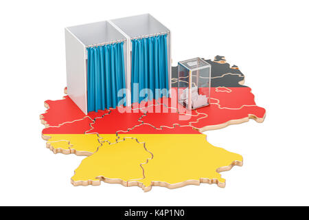 Campagna elettorale tedesca concetto, urne con cabine di voto sulla mappa di Germania, 3d rendering isolati su sfondo bianco Foto Stock