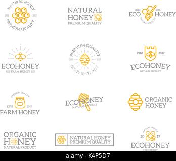 Set di retro vintage miele e bee logo o insegne, emblemi, etichette e distintivi e altri oggetti di branding. Vettore stile linea Illustrazione Vettoriale