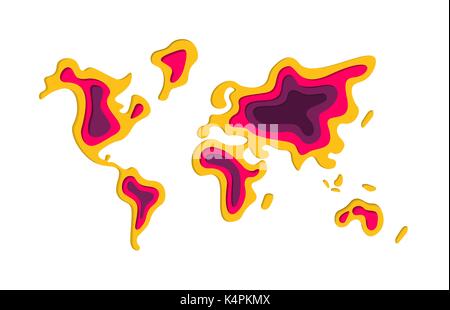 Mappa mondo illustrazione di forma nella moderna 3d carta tagliata in stile d'arte. Stratificato colorato papercraft intaglio design. EPS10 vettore. Illustrazione Vettoriale