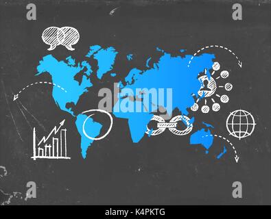 Social media world map modello con moderno business internet icone disegnato sulla lavagna. Tecnologia internazionale il concetto di comunicazione. EPS10 vettore. Illustrazione Vettoriale