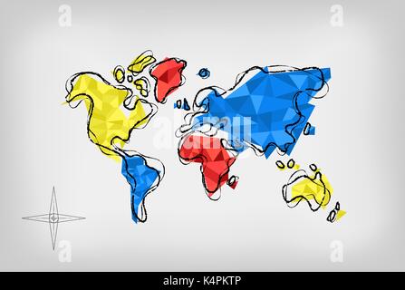 Il mondo moderno mappa illustrazione nel modello disegnato a mano stile, con colorati abstract bassa poli forme geometriche. EPS10 vettore. Illustrazione Vettoriale