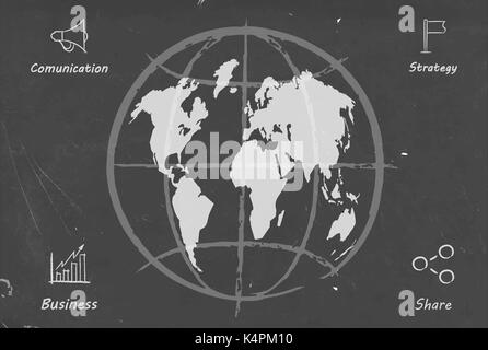 Social media world map modello con il business moderno e alle icone disegnate su chalk Blackboard. Tecnologia internazionale il concetto di comunicazione. EPS10 vettore. Illustrazione Vettoriale