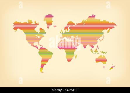 Concetto mappa Mondo illustrazione modello con strisce colorate e vintage di Grana carta sfondo. EPS10 vettore. Illustrazione Vettoriale