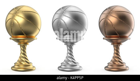 Oro, Argento e bronzo cup trofeo basket 3D render illustrazione isolati su sfondo bianco Foto Stock