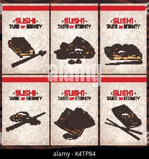 Doodle sushi e rotoli su legno. Tradizionale Giapponese piatti di cucina illustrazione. Vettore Collezione di carte per il ristorante asiatico menu. Illustrazione Vettoriale