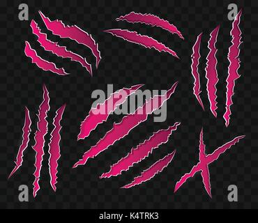 Graffi rosa su sfondo trasparente - - moderno set di icone vettoriali. Quindici dei marchi di animale selvatico artigli, forme diverse. Cicatrici da tiger, orso, Illustrazione Vettoriale