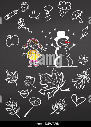 Bambina e pupazzo di neve con scarabocchi sulla lavagna, vettore handdrawn sketch, pulire delinea, in stile vintage Blackboard. Foto Stock