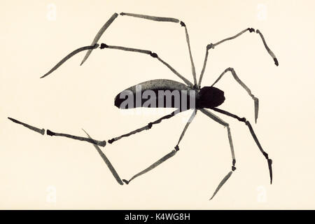 Disegno di formazione in suibokuga sumi-e stile con vernici ad acquerello - spider dipinte di crema su carta colorata Foto Stock