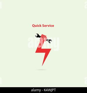 Mano umana icona del flash e vettore di chiave logo design template.icona dello strumento di manutenzione.rapido lampeggio veloce riparazione sign.riparazione rapida nozione.Manutenzione e te Illustrazione Vettoriale