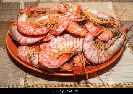 Cucinati freschi scampi sulla piastra Foto Stock